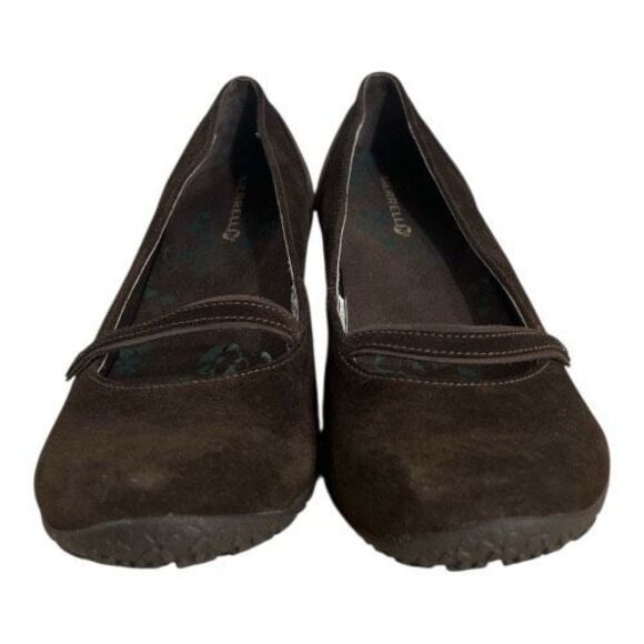 MERRELL PETUNIA Shoes Size 9 Floral Brown Suede Slip On Leather Wedge Heels - Picture 3 of 11